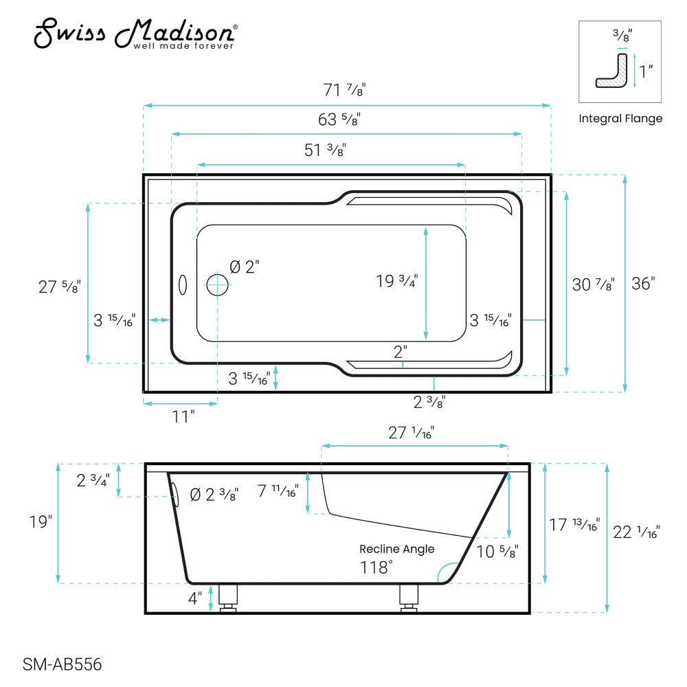 Voltaire 72" x 36" Left-Hand Drain Alcove Bathtub with Apron and Armrest Drain Alcove Bathtub Apron and Armrest