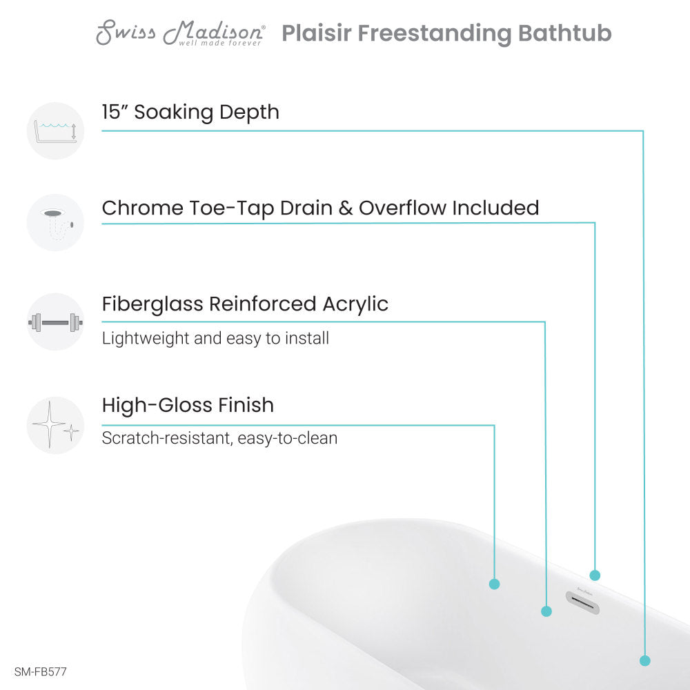 Experience Luxury with the Plaisir 63" Freestanding Bathtub: White Glossy Finish