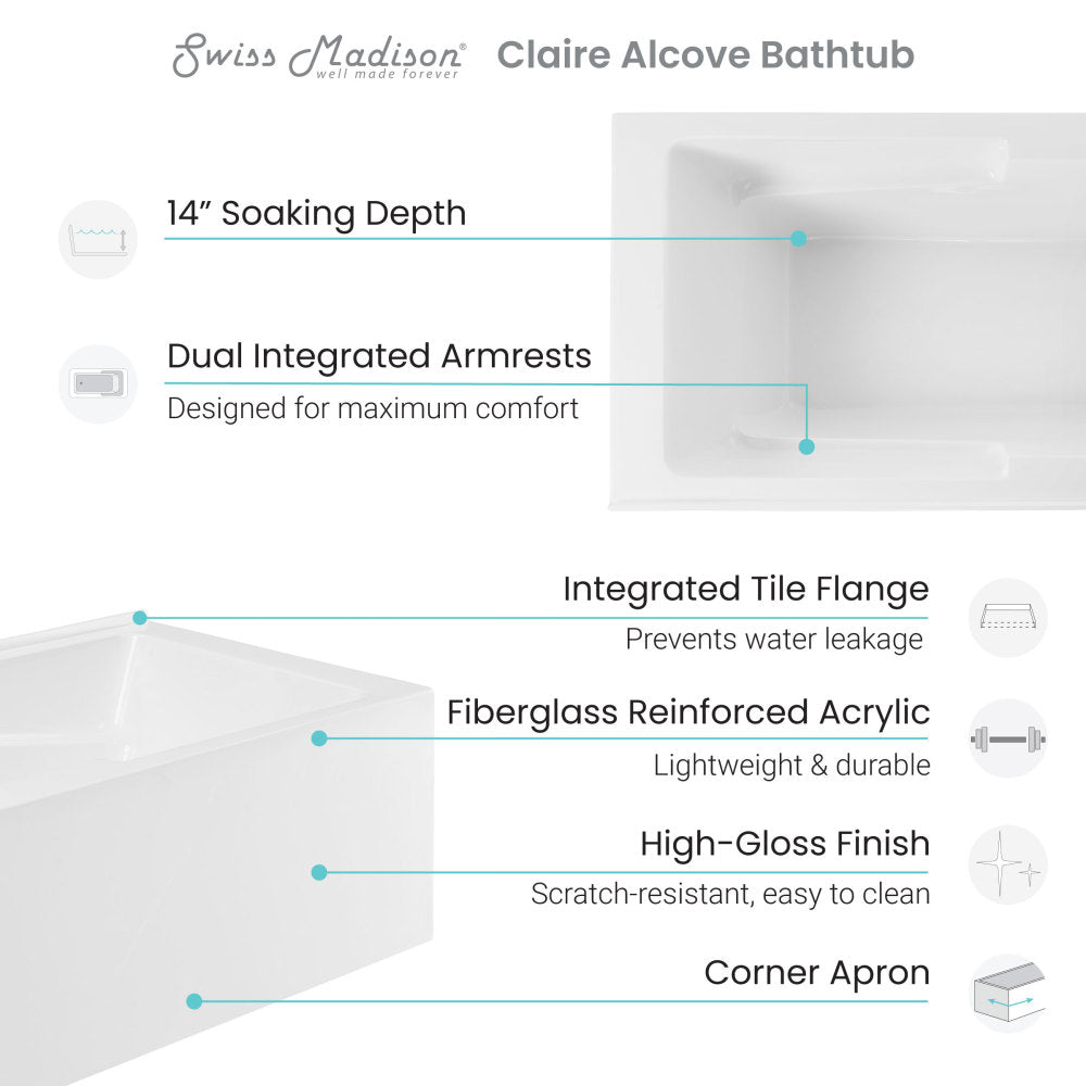 Claire 60" x 32" Left-Hand Drain Drain Alcove Bath Tub with Corner Apron