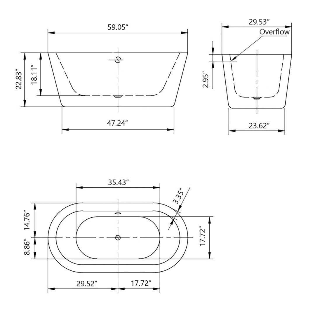 Empava-59FT1505 luxury freestanding acrylic soaking oval modern white SPA bathtub product size