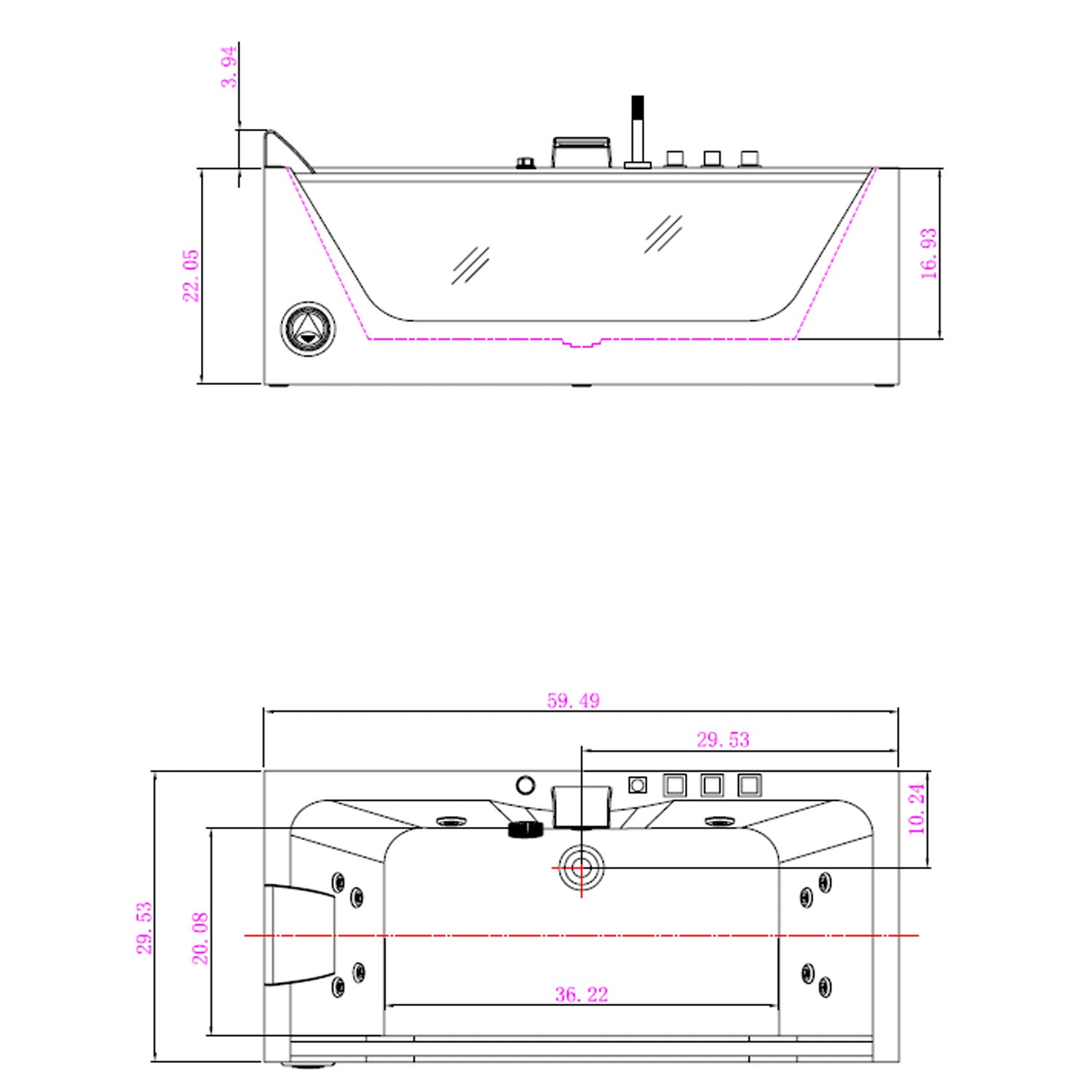 EMPV-59JT408LED-59" Alcove LED Whirlpool Bathtub with Center Drain-size-chart