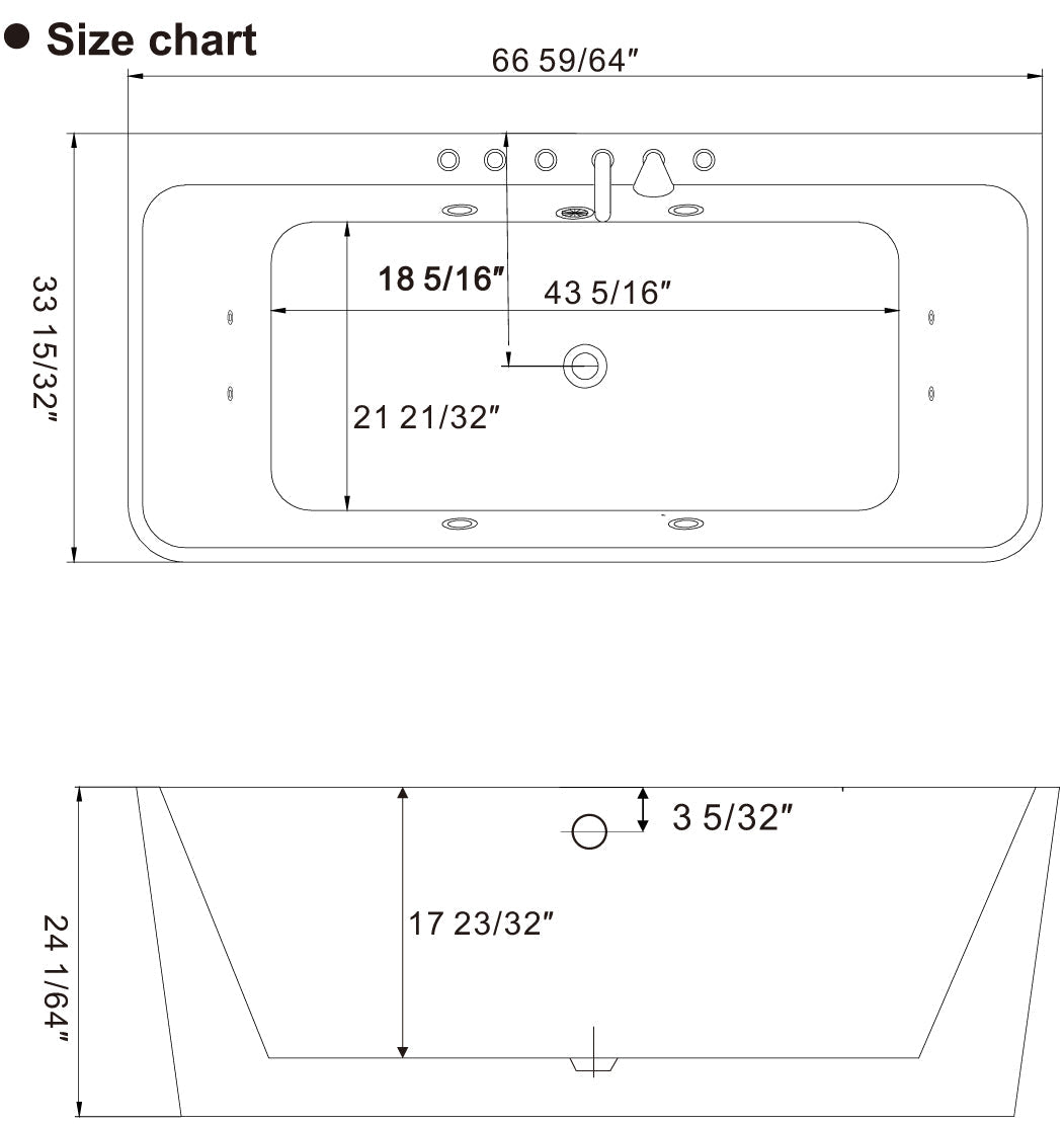 Empava-67AIS03 whirlpool acrylic hydromassage rectangular double-ended bathtub product size