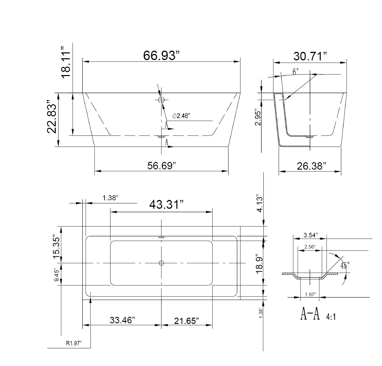 Empava-67FT1516 luxury freestanding acrylic soaking rectangular modern white SPA bathtub product size