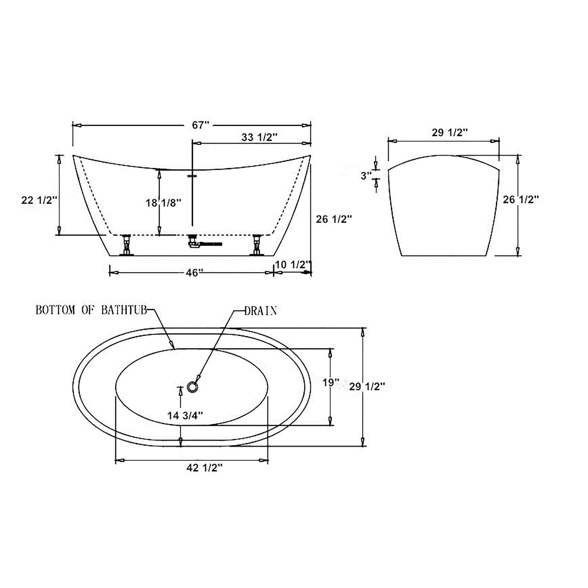 Empava-67FT1518 luxury freestanding acrylic soaking oval modern double-ended bathtub product size