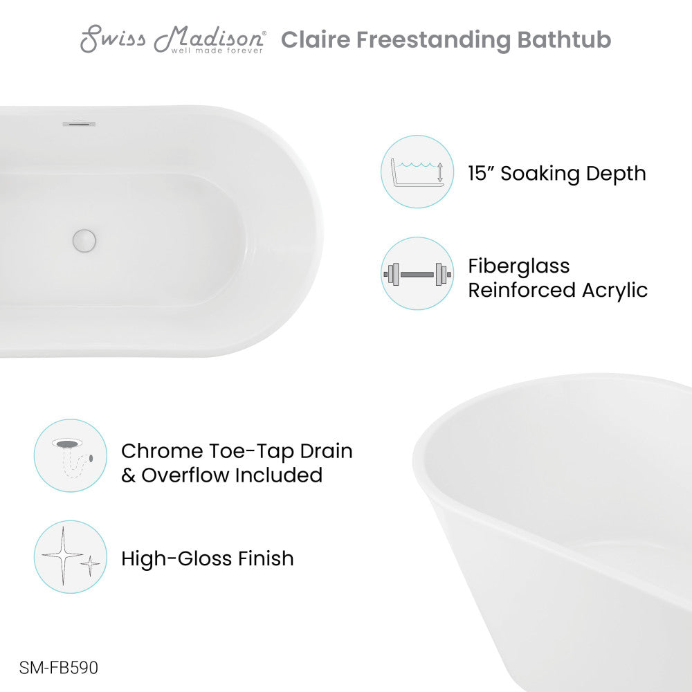Claire 60" Freestanding Luxury Bathtub with ultimate comfort