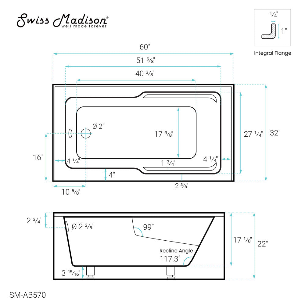 Claire 60" x 32" Left-Hand Drain Drain Alcove Bath Tub with Corner Apron