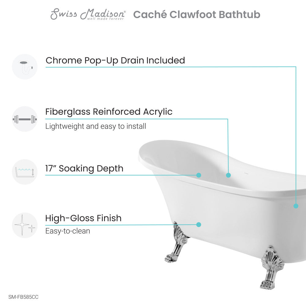 Cache Single Slipper, Clawfoot Soaking Acrylic Bathtub, Chrome Clawfoot Clawfoot Soaking Acrylic Freestanding Bathtub