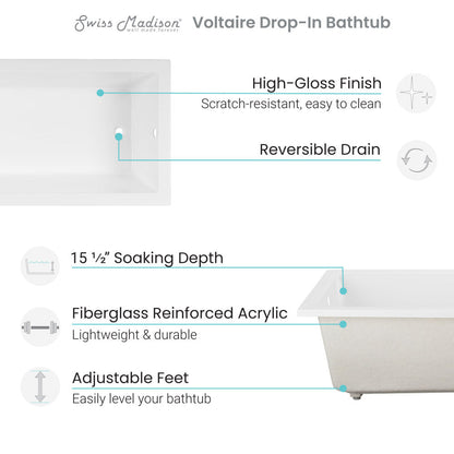 Voltaire 72&quot; x 36&quot; Reversible Drain Drop-In Bathtub