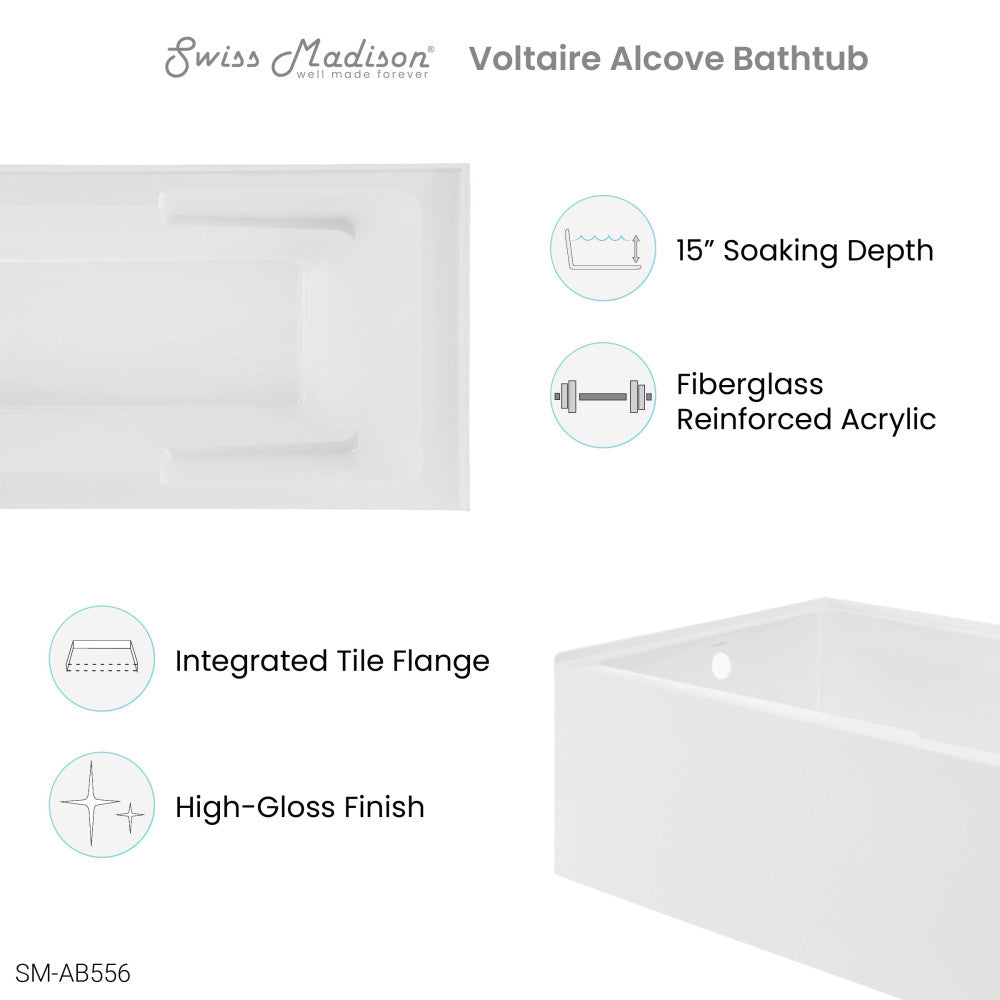 Voltaire 72&quot; x 36&quot; Left-Hand Drain Alcove Bathtub with Apron and Armrest Drain Alcove Bathtub Apron and Armrest