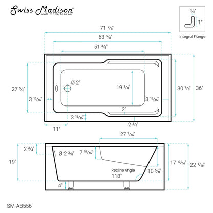 Voltaire 72&quot; x 36&quot; Left-Hand Drain Alcove Bathtub with Apron and Armrest Drain Alcove Bathtub Apron and Armrest