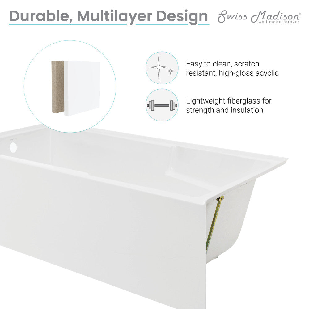 Voltaire 72&quot; x 36&quot; Left-Hand Drain Alcove Bathtub with Apron and Armrest Drain Alcove Bathtub Apron and Armrest