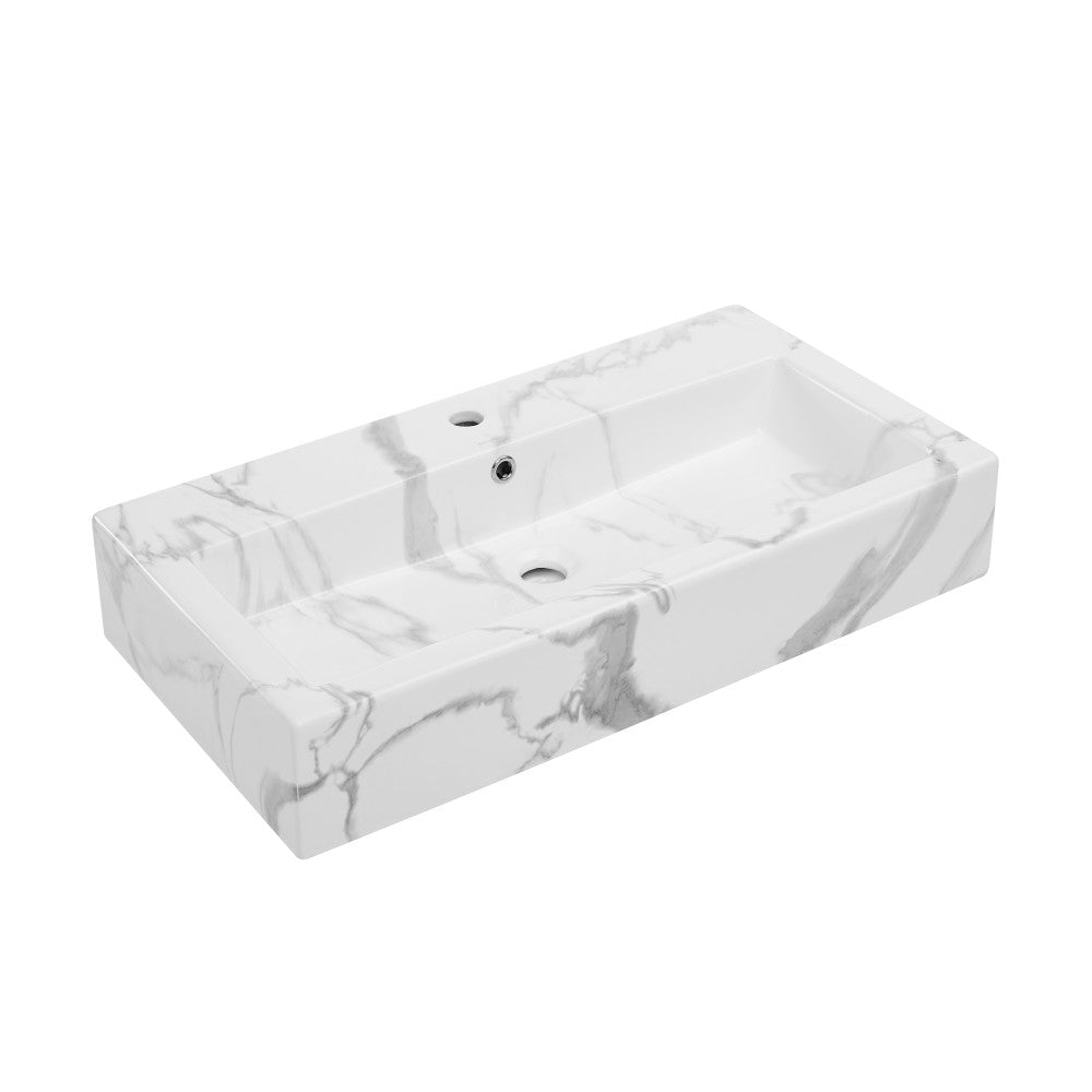 Voltaire Wide Rectangle Vessel Sink in White Marble White Marble Sink