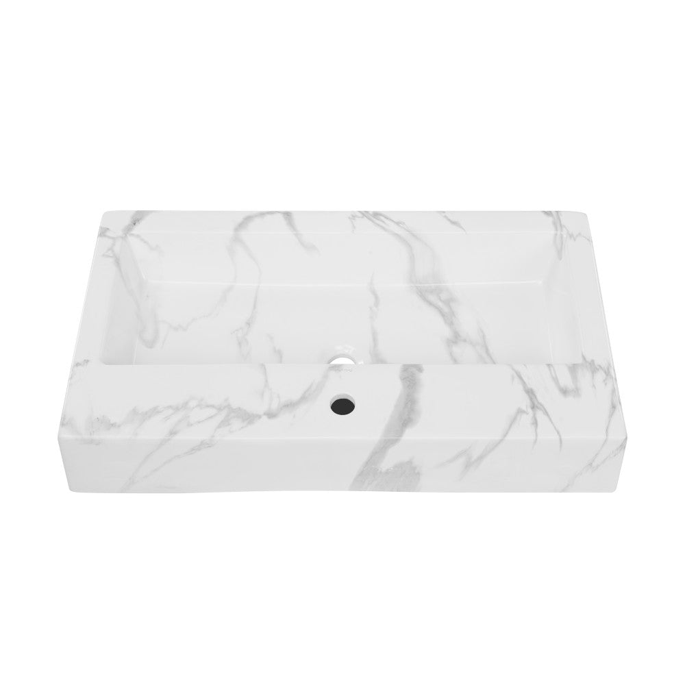 Voltaire Wide Rectangle Vessel Sink in White Marble White Marble Sink