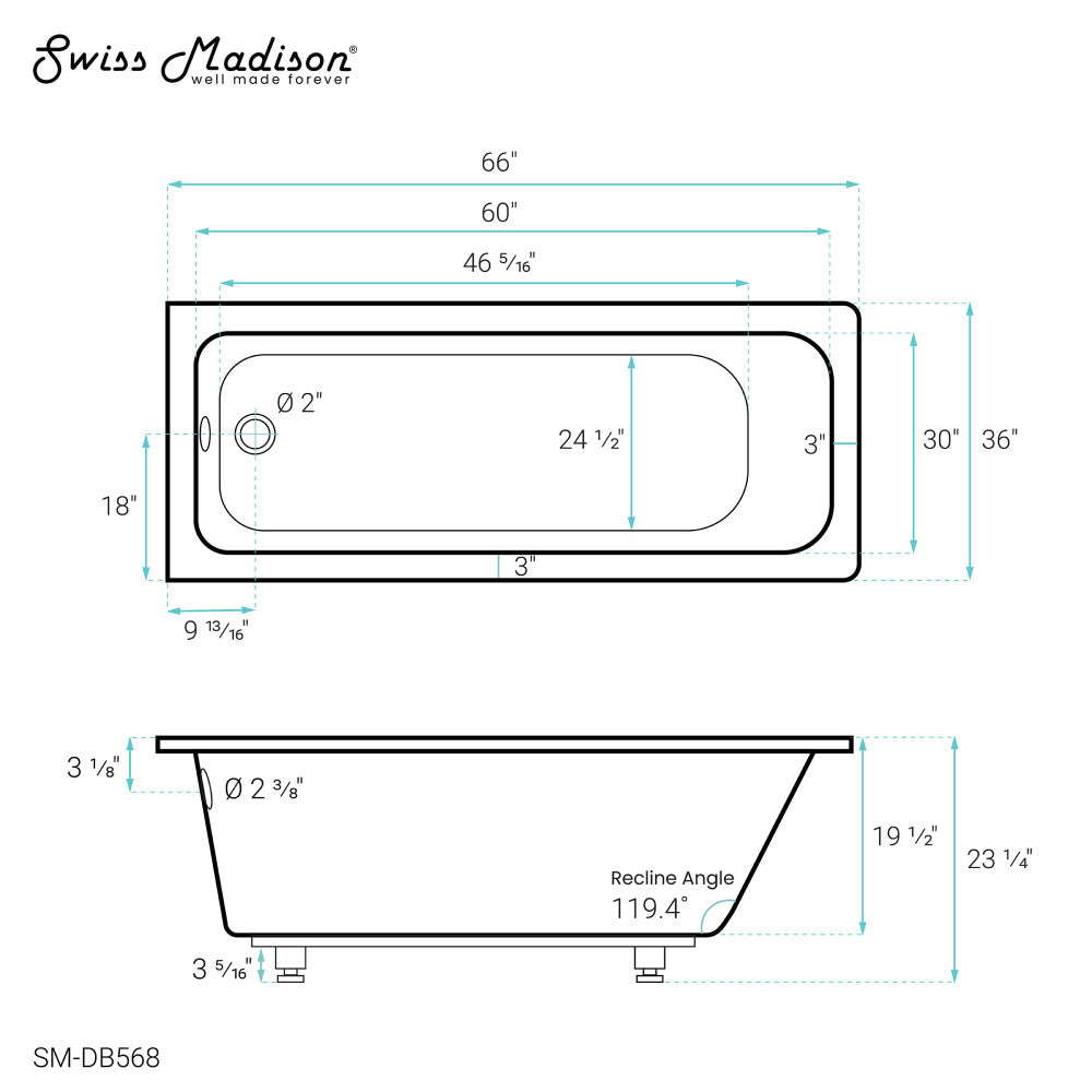 Voltaire 66&quot; x 36&quot; Reversible Drain Drop-In Bathtub