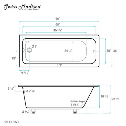 Voltaire 66&quot; x 36&quot; Reversible Drain Drop-In Bathtub