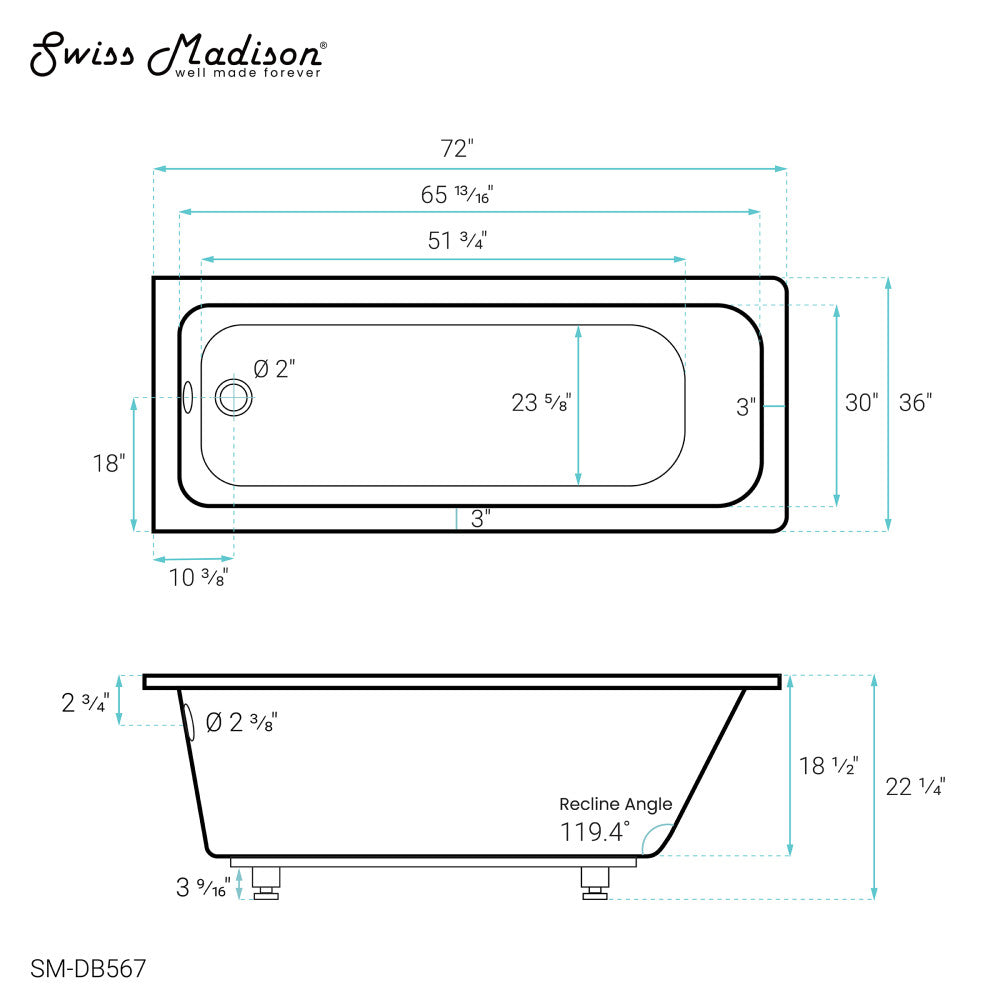 Voltaire 72&quot; x 36&quot; Reversible Drain Drop-In Bathtub