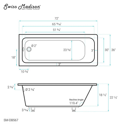 Voltaire 72&quot; x 36&quot; Reversible Drain Drop-In Bathtub