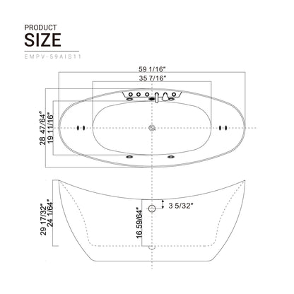 Empava-59AIS11-59&quot; Freestanding Boat-shaped Whirlpool Bathtub with Center Drain-size-chart