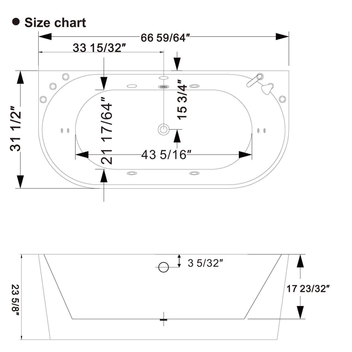 Empava-67AIS07 whirlpool acrylic alcove hydromassage oval double-ended bathtub-size