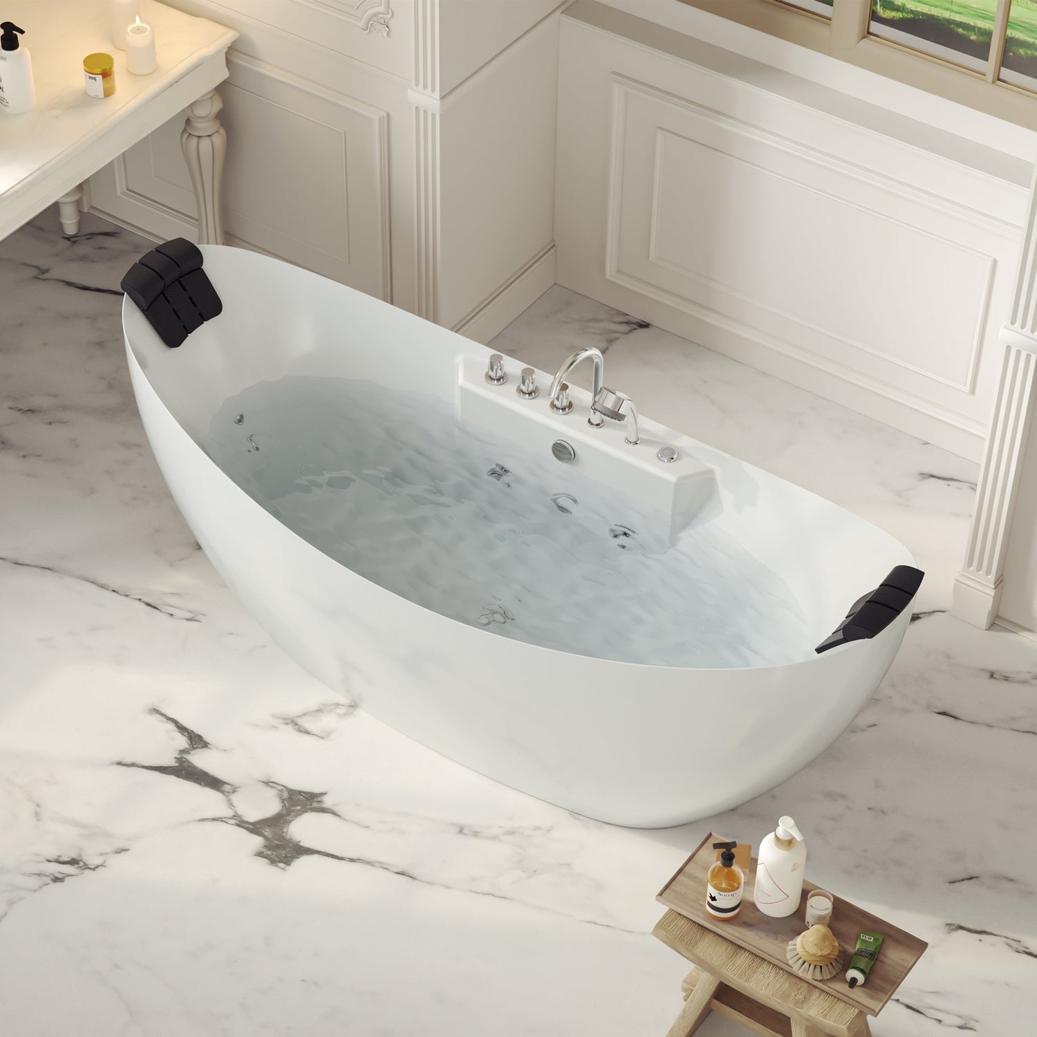 Empava-59AIS11-59&quot; Freestanding Boat-shaped Whirlpool Bathtub with Center Drain-2