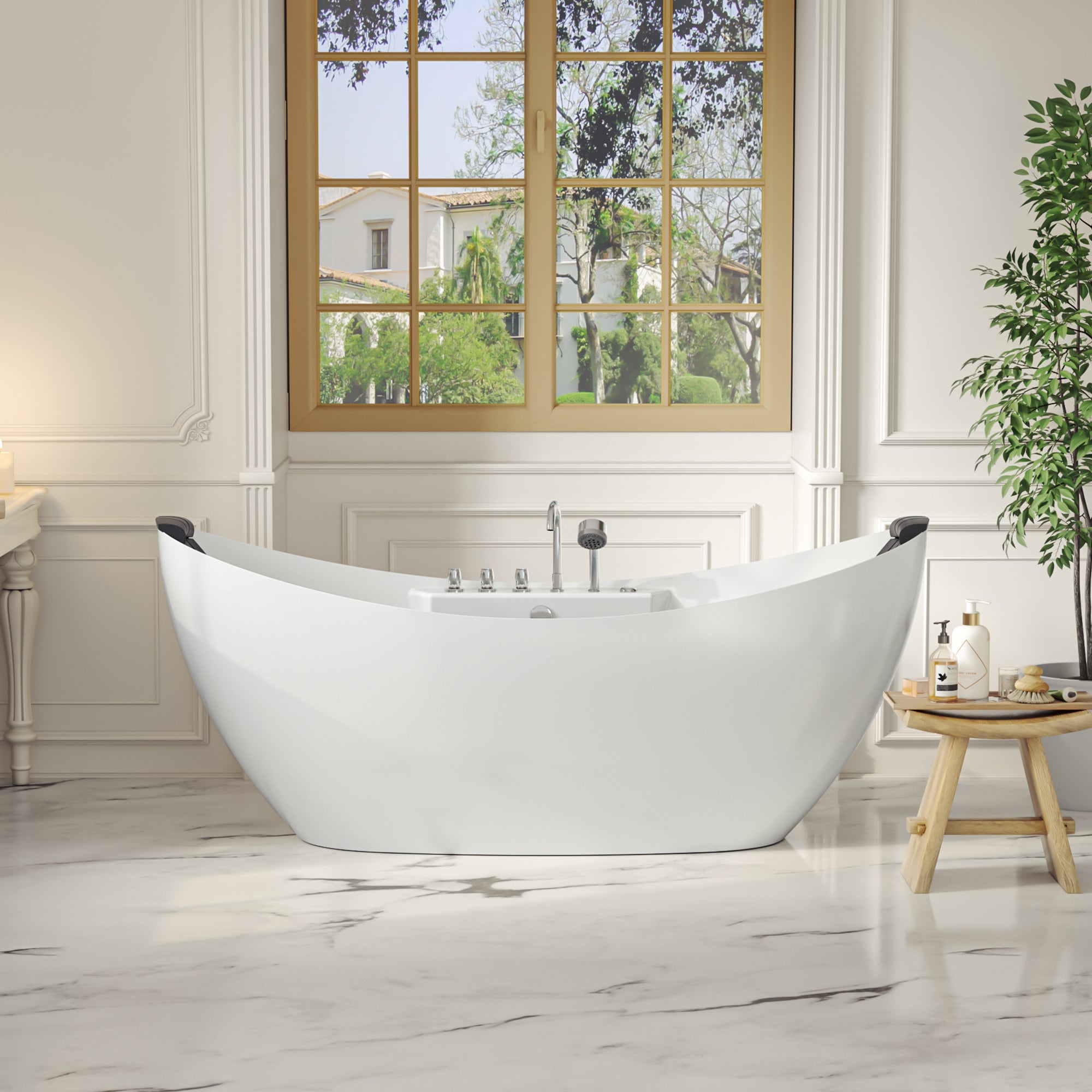 Empava-59AIS11-59&quot; Freestanding Boat-shaped Whirlpool Bathtub with Center Drain-1