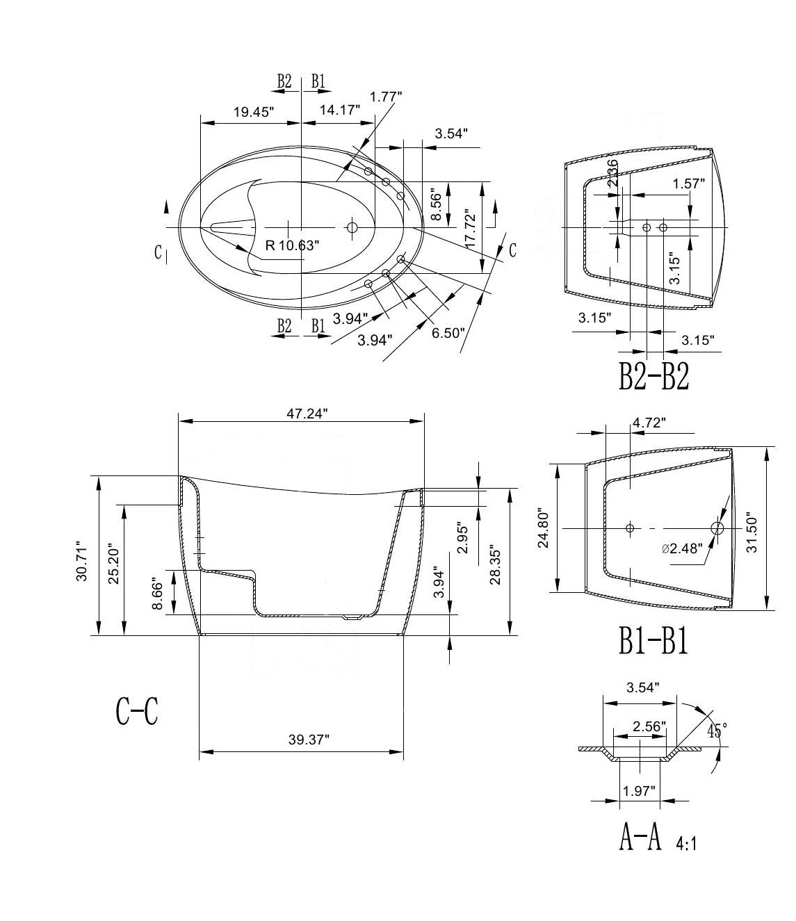 EMPV-48JT011-48&quot; Freestanding Japanese-Style Air Massage Bathtub with Reversible Drain-size-chart