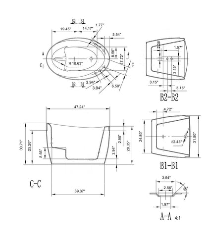 EMPV-48JT011-48&quot; Freestanding Japanese-Style Air Massage Bathtub with Reversible Drain-size-chart