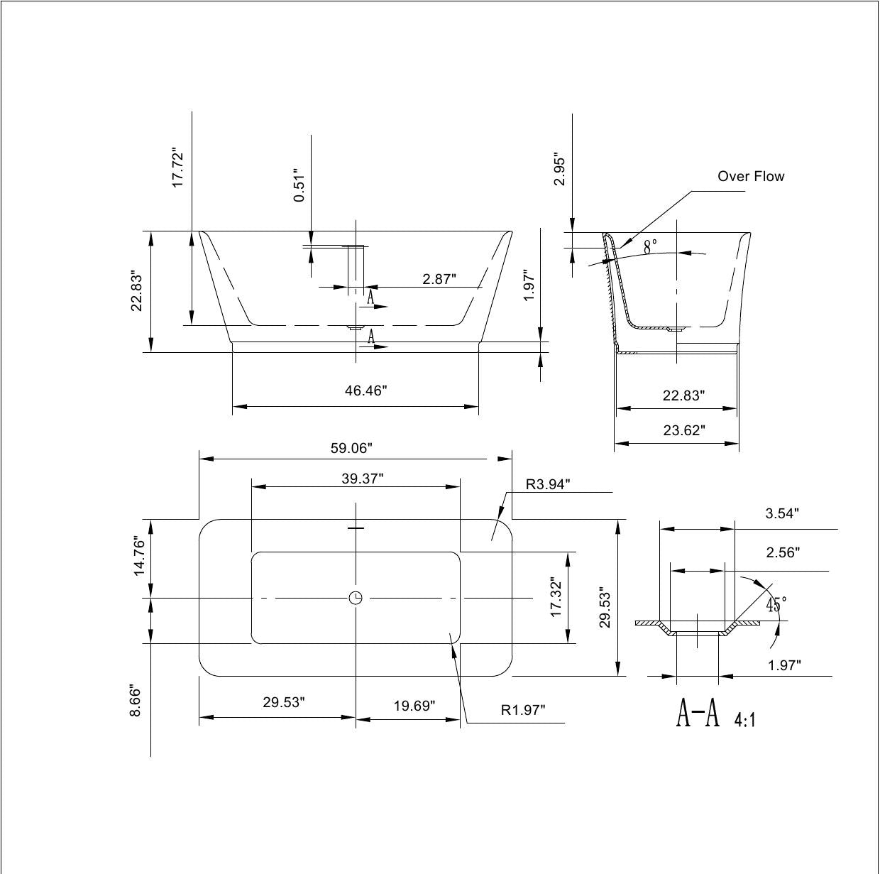 Empava-59FT1511 luxury acrylic soaking rectangular modern stand alone white SPA bathtub product size