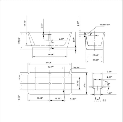 Empava-59FT1511 luxury acrylic soaking rectangular modern stand alone white SPA bathtub product size