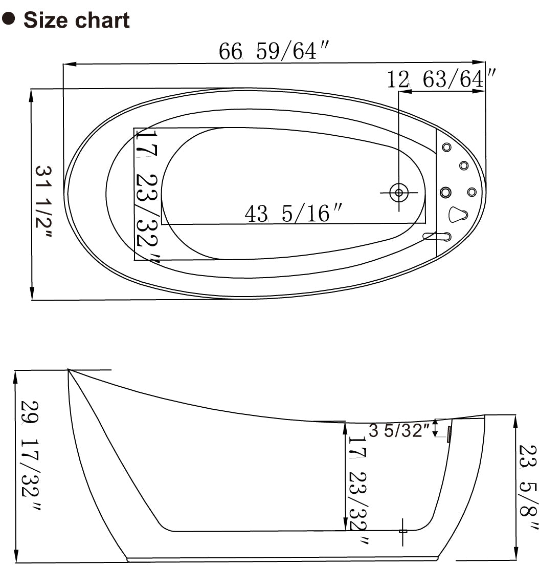 Empava-67AIS05 whirlpool acrylic freestanding hydromassage oval high back single-ended bathtub product size