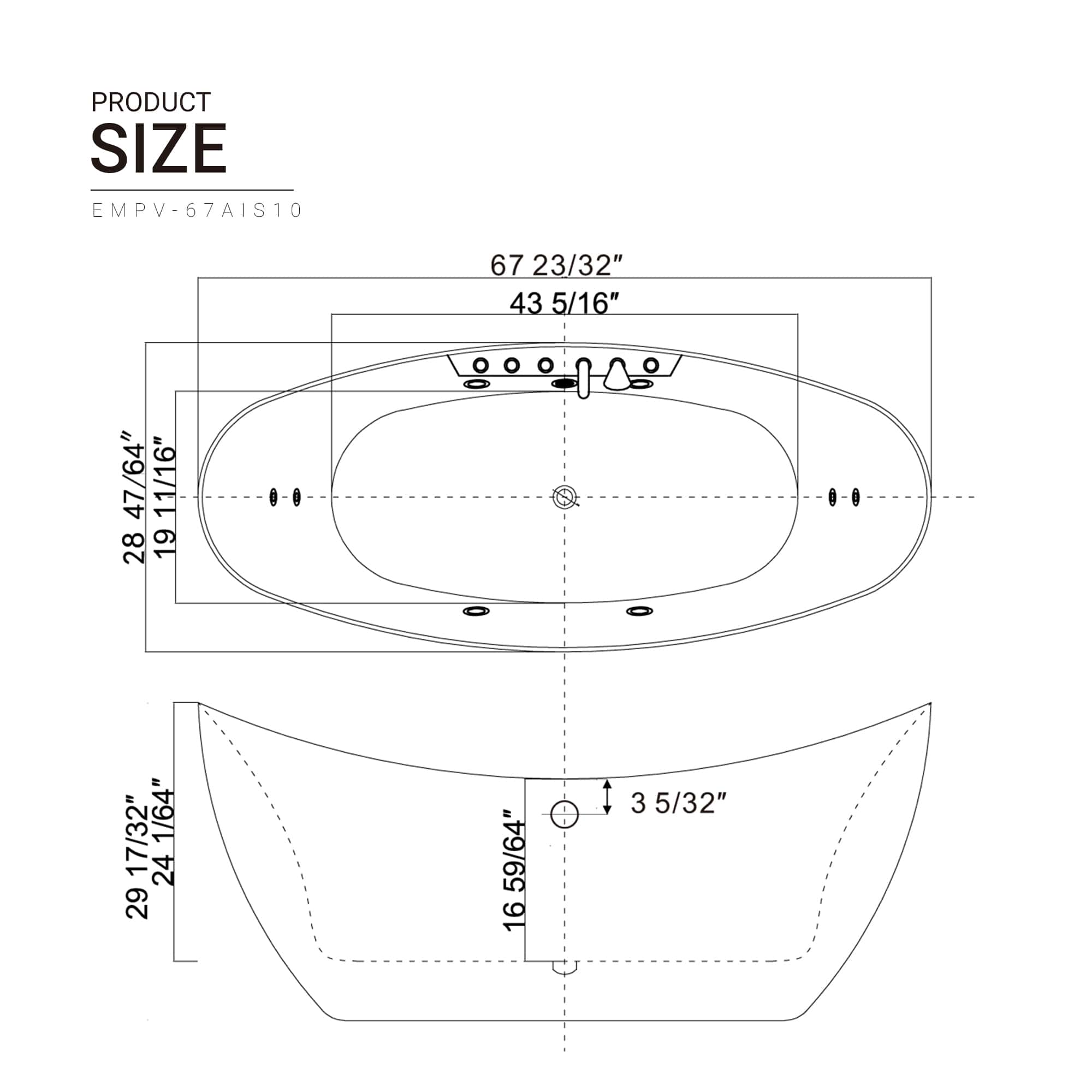 EMPV-67AIS10-67&quot; Freestanding Boat-shaped Whirlpool Bathtub with Center Drain-size-chart