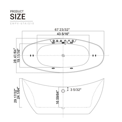 EMPV-67AIS10-67&quot; Freestanding Boat-shaped Whirlpool Bathtub with Center Drain-size-chart