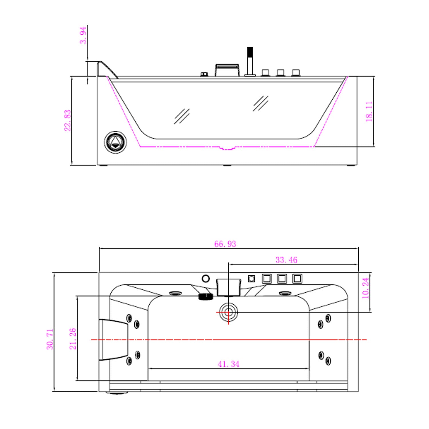 Empava-67JT408LED whirlpool acrylic Chromatherapy rectangular bathtub product size