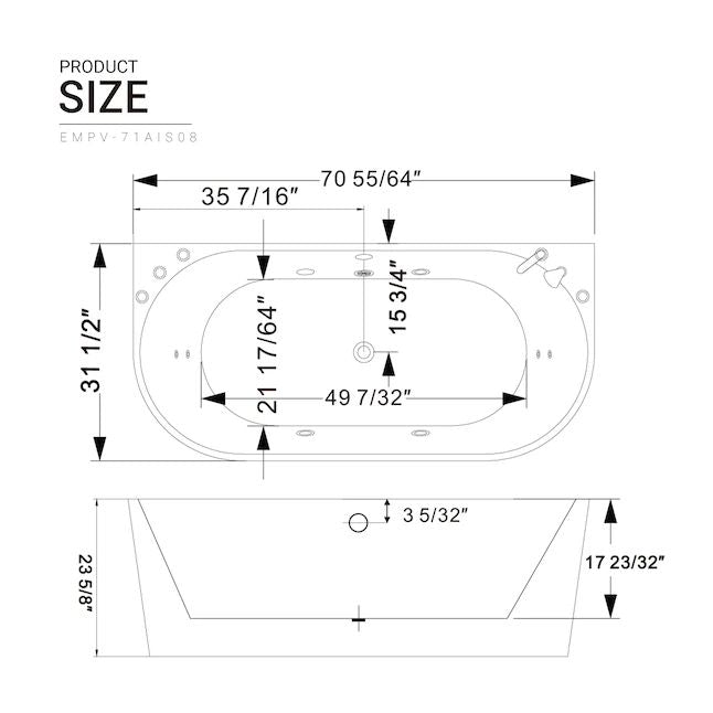 Empava-71AIS08-71&quot; Freestanding Hydro Massage Whirlpool Bathtub with Center Drain-size-chart