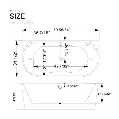 Empava-71AIS08-71&quot; Freestanding Hydro Massage Whirlpool Bathtub with Center Drain-size-chart