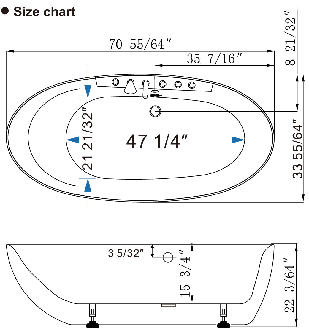 Empava-71AIS14 whirlpool acrylic freestanding oval single-ended bathtub product size