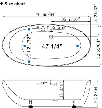 Empava-71AIS14 whirlpool acrylic freestanding oval single-ended bathtub product size