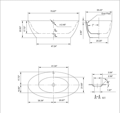 Empava-71FT1503 luxury freestanding acrylic soaking oval modern white bathtub product size