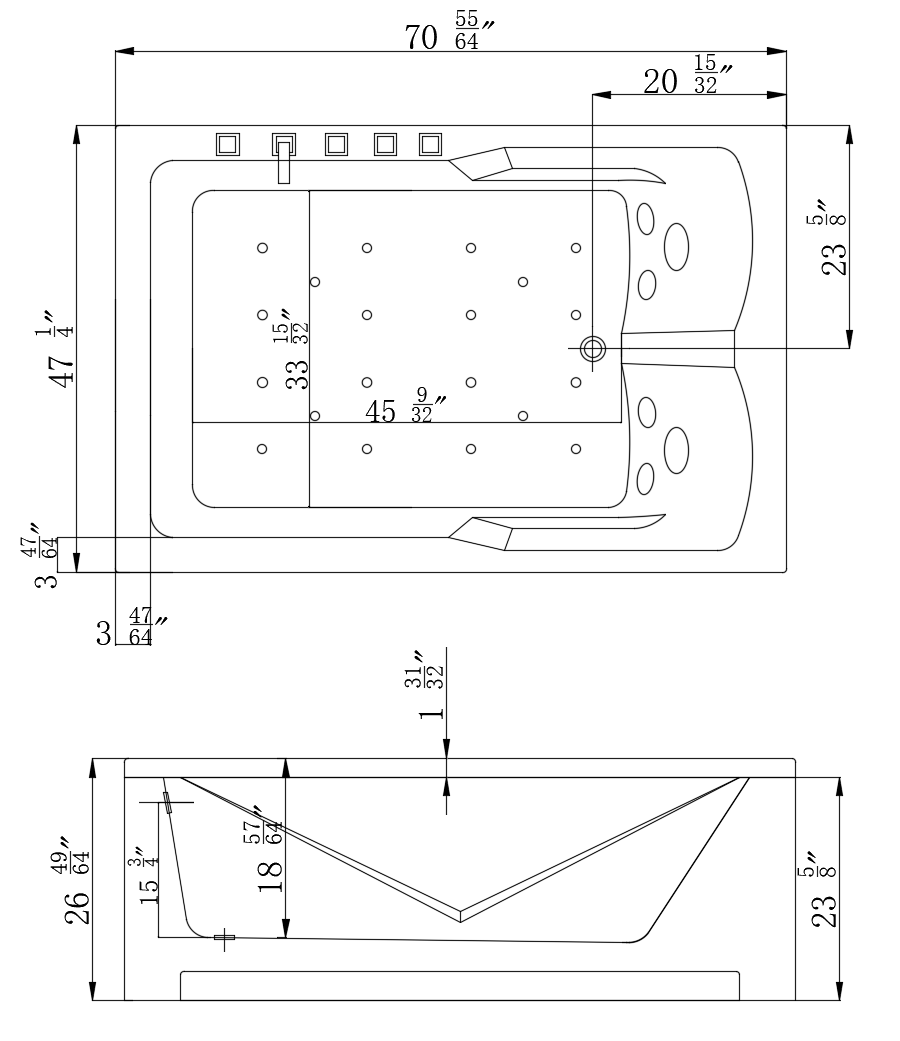 Empava-71JT667B alcove whirlpool luxury 2-person bathtub product size