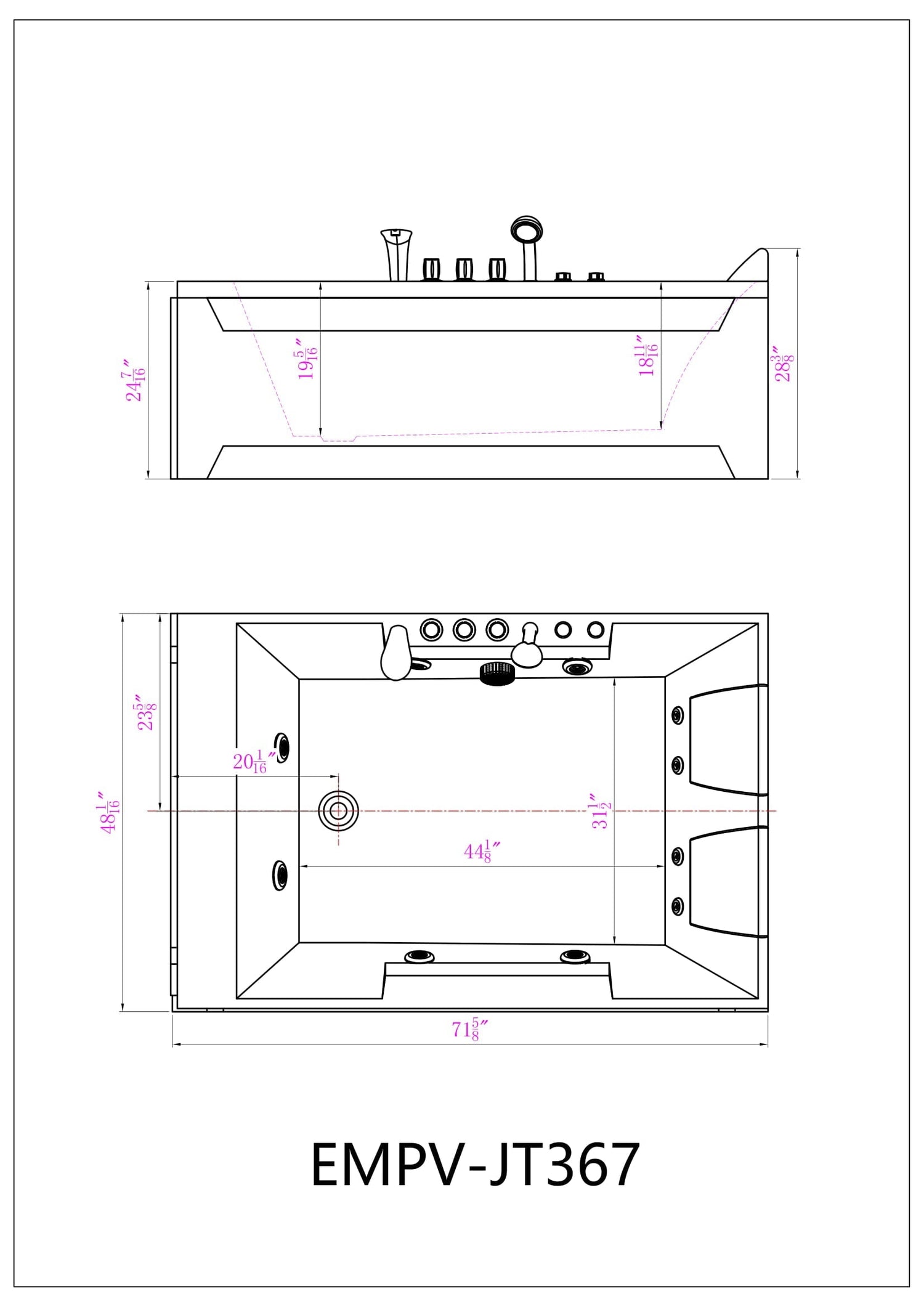 Empava-72JT367LED whirlpool Acrylic 2-person rectangular bathtub product size