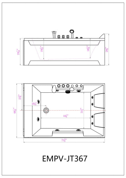 Empava-72JT367LED whirlpool Acrylic 2-person rectangular bathtub product size