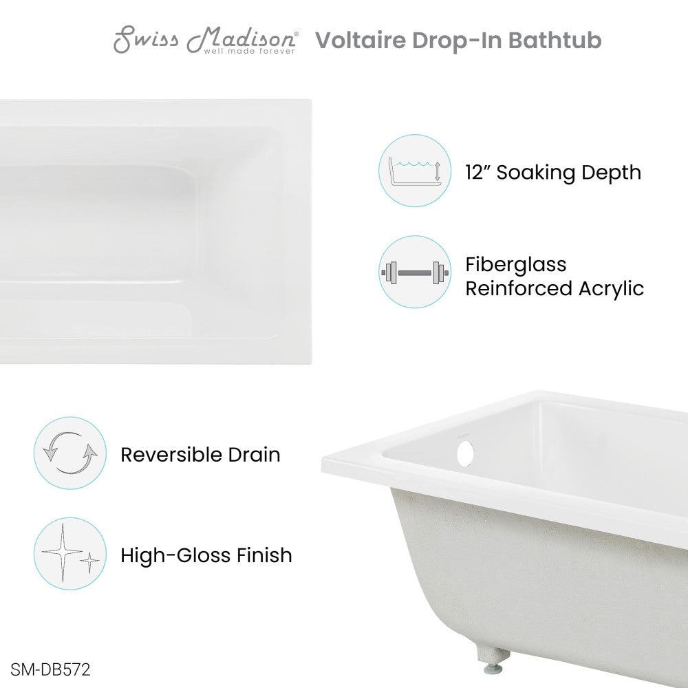 Voltaire 54&quot; x 30&quot; Reversible Drain Drop-In Bathtub