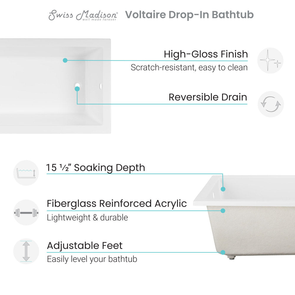 Voltaire 60&quot; x 36&quot; Reversible Drain Drop-In Bathtub