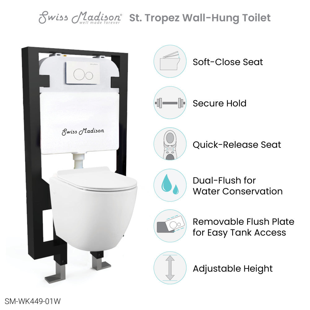 Swiss Madison Well Made Forever SM-WK449-01W - St. Tropez Wall Hung Toilet Bundle, Glossy White Glossy White Wall Hung Toilet