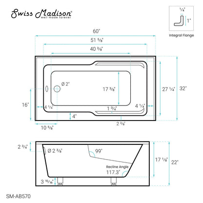 Claire 60&quot; x 32&quot; Left-Hand Drain Drain Alcove Bath Tub with Corner Apron