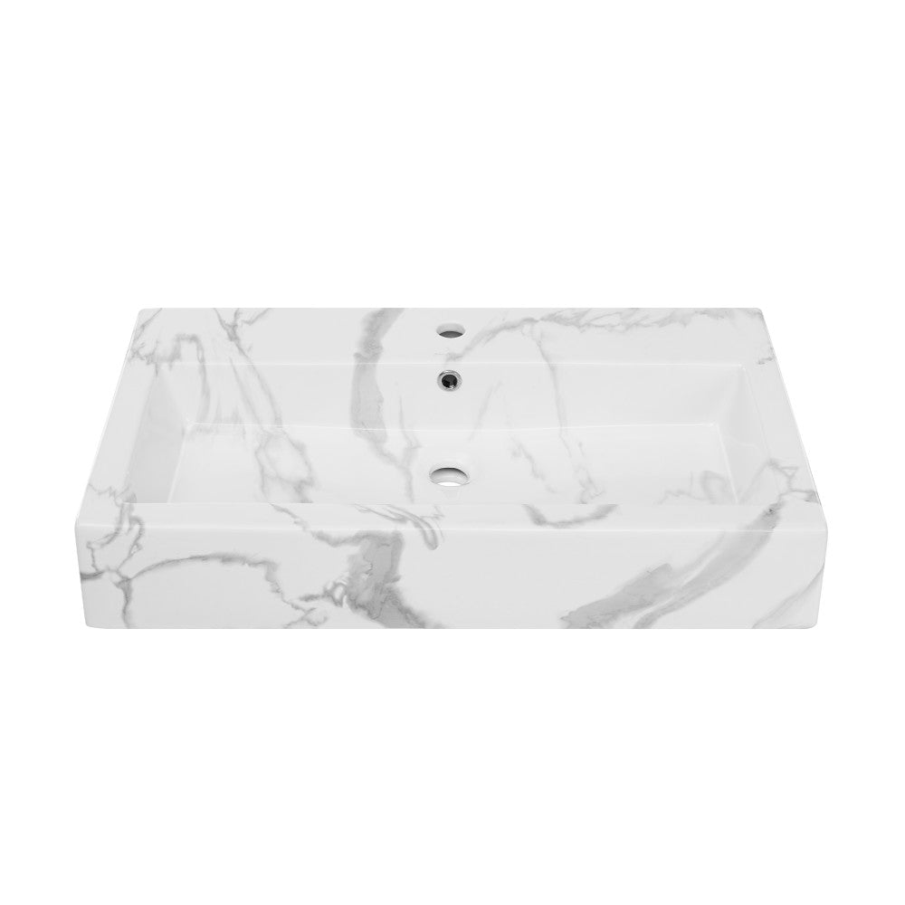 Voltaire Wide Rectangle Vessel Sink in White Marble White Marble Sink