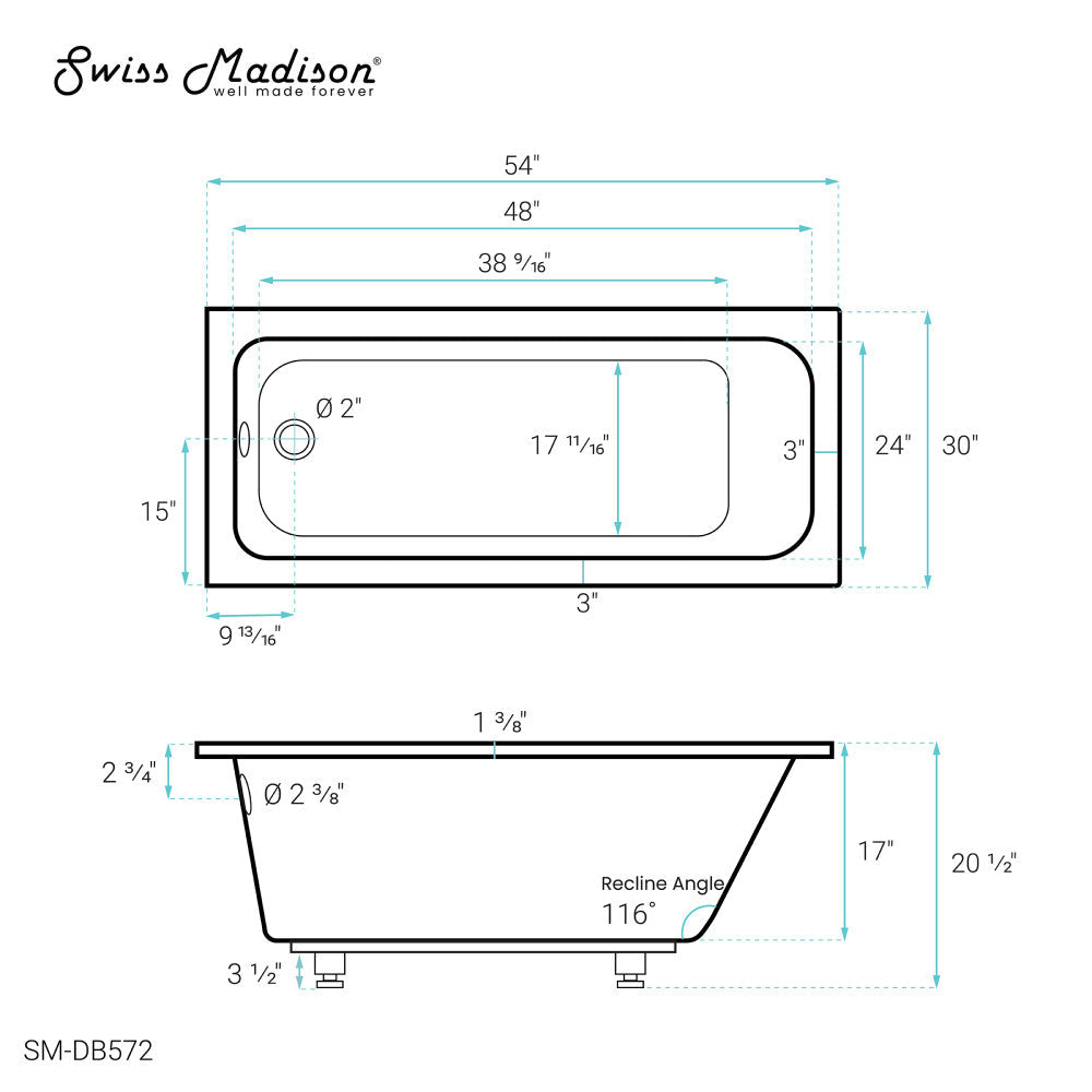 Voltaire 54&quot; x 30&quot; Reversible Drain Drop-In Bathtub