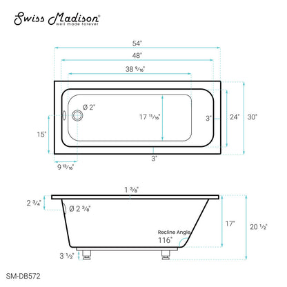 Voltaire 54&quot; x 30&quot; Reversible Drain Drop-In Bathtub