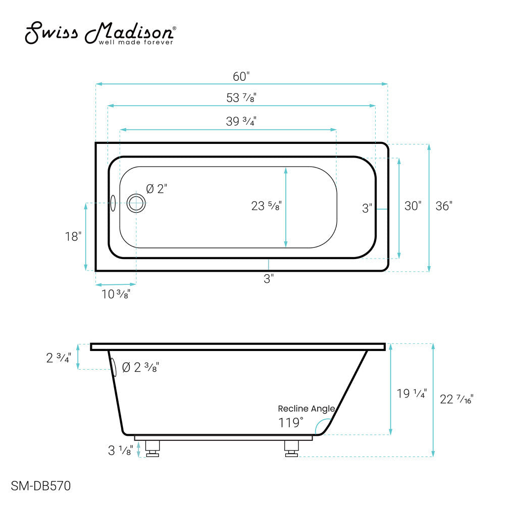 Voltaire 60&quot; x 36&quot; Reversible Drain Drop-In Bathtub