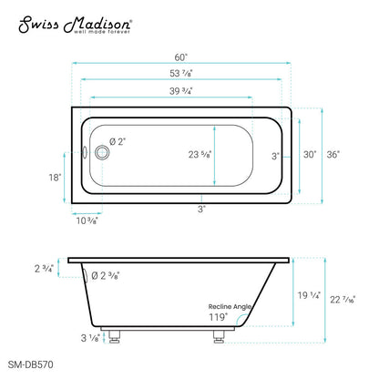 Voltaire 60&quot; x 36&quot; Reversible Drain Drop-In Bathtub